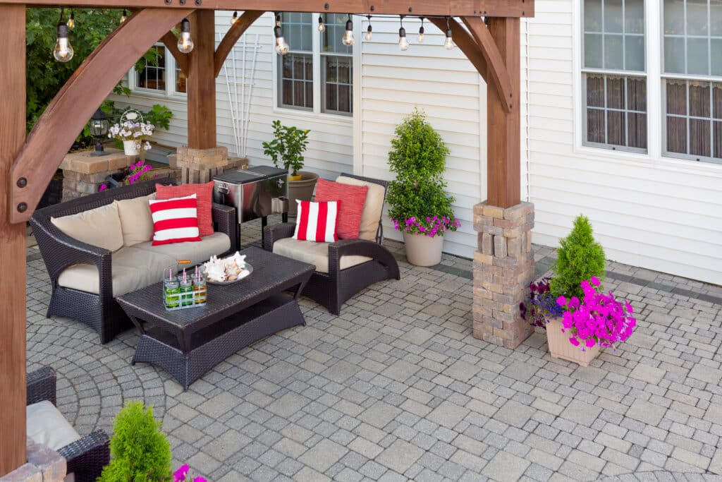 Comfortable chairs on an outdoor brick patio